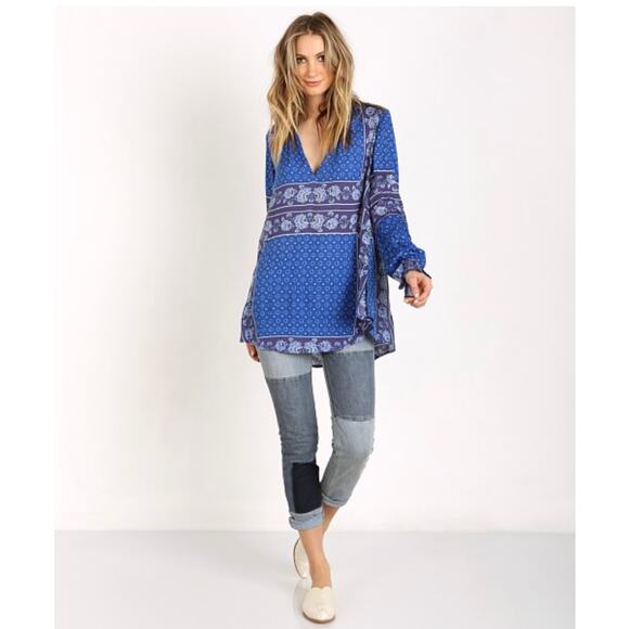 FREE PEOPLE Boho Blue & Purple Floral Tunic Blouse Top - Picture 5 of 16
